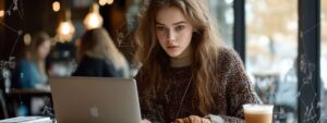 Student in a sweater studying medical illustrations on a laptop with digital science overlays.