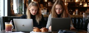 Two focused female students in a café, each working on laptops with croissants and coffee nearby.
