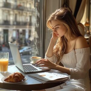 Woman at a window-side table studying microbiology notes on a laptop.