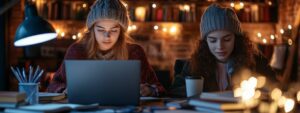 Male and female student wearing beanies working together on laptops.