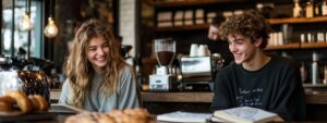 Happy students reviewing a notebook in a trendy coffee shop.