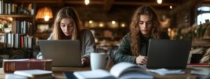 Two students studying side-by-side with laptops and coffee