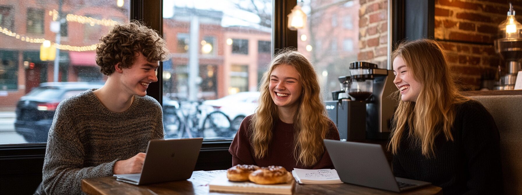 College students smiling while studying with laptops and pastries on a table