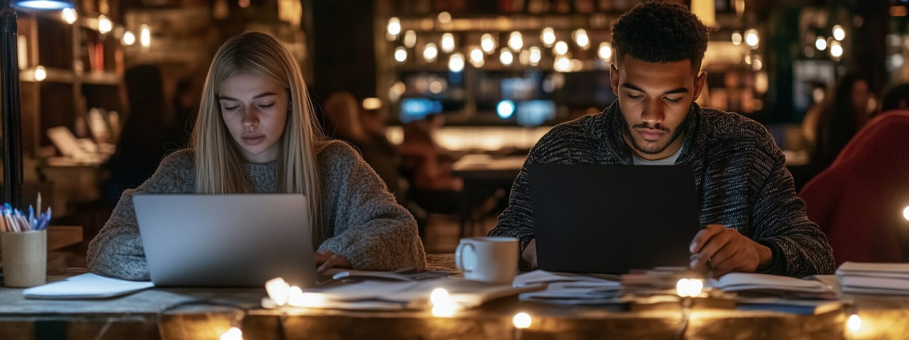 A male and female student focused on laptops in a warmly lit café during night study.
