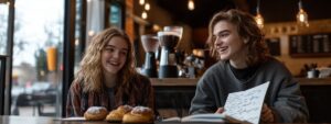Two students sitting in a café discussing notes, laughing and relaxed.