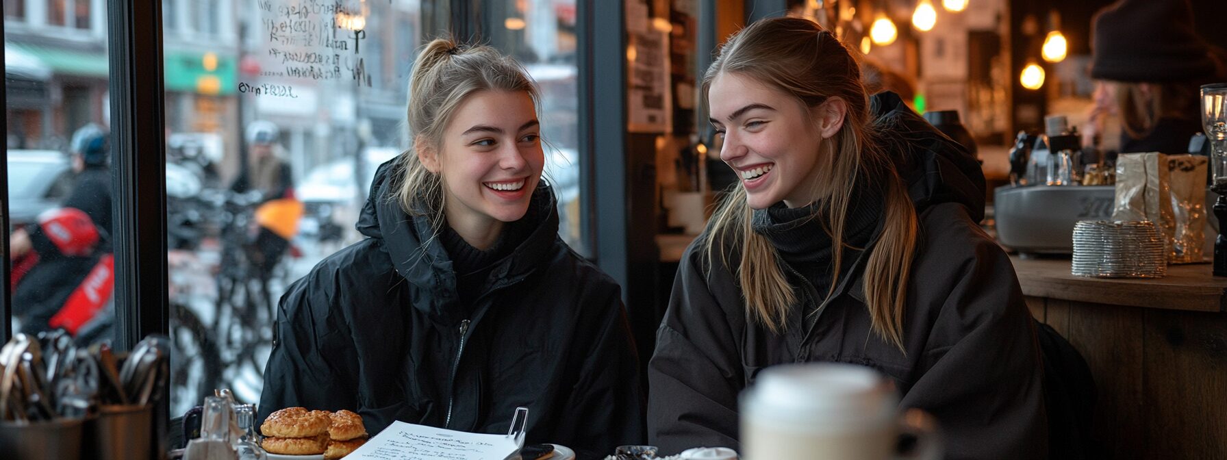 Two girls in warm coats laughing together at a café while reviewing study notes