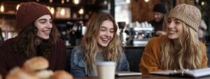 Three college students smiling and relaxing together with notebooks and drinks.