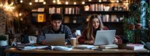 Two students in a warm study environment working on laptops with books open.