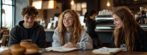 Three students laughing and collaborating in a coffee shop with notebooks open.