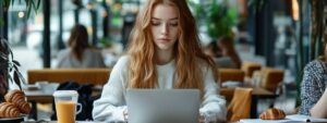 Focused student in a café working on her laptop with pastries beside her.