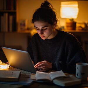 Student working late at night with books and laptop