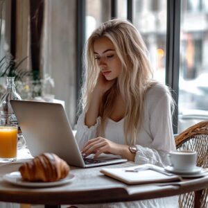 Blonde woman using a laptop in a modern café with juice and pastry