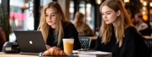 Two students intensely reviewing laptop and notes with croissants nearby