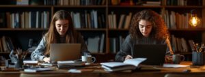 Two female students studying developmental biology with laptops and open books.