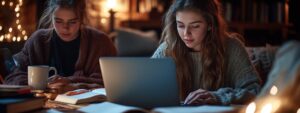 Two students in cardigans working at laptops surrounded by books and mugs at night.