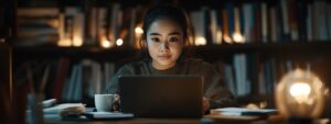Female student working late at night on a laptop with warm lighting in a library.