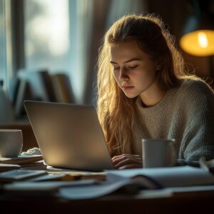 Female student in cozy lighting focused on her laptop during evening study.