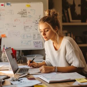 Blonde woman writing on notes with laptop open beside a whiteboard covered in handwritten notes.