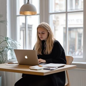 Young woman in black sweater working on developmental biology coursework at a laptop.