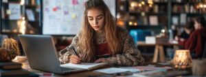 A young woman studying with intense focus under soft lights in a cozy library.