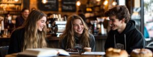 Three smiling students at a café with pastries and notebooks