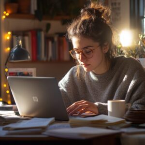 A student wearing glasses studying at a desk in a warmly lit room.