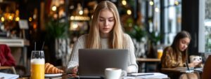 Woman in knit sweater focused on laptop in a café setting, preparing for class or exams.