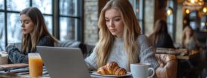 Focused student studying on laptop at café with breakfast during exam prep.