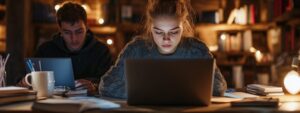 A young woman and man study intensely on laptops in a dimly lit library.