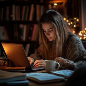 A focused college student studies on her laptop surrounded by notebooks and warm lights.