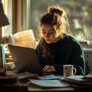 Female student studying with a laptop in the golden hour light near a window.