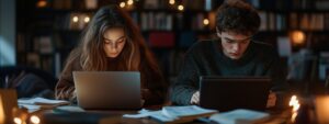 A male and female student focusing intently on laptops in a dark library