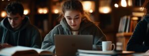 Female and male students working at night with laptops and stacks of books.