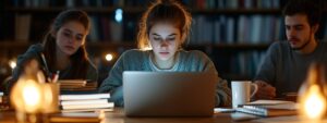 Three students intensely studying with laptops in a library lit by soft lamps.