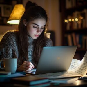 Female student studying late at night with a laptop and handwritten notes