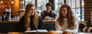 Two students sitting at a café laughing with notebooks and pastries on the table