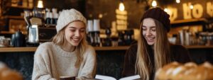 Two smiling young women in cozy sweaters studying together in a café.