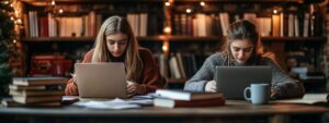 Two women in cozy sweaters intensely working on laptops in a library surrounded by books.