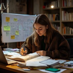 Woman taking notes at a desk with a whiteboard of ethical frameworks behind her.