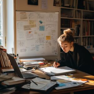 Female student writing at a desk with books, papers, and morning light streaming in.