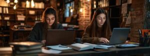 Two young women working on laptops in a dimly lit study room with books and coffee nearby.