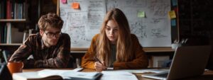 Male and female students reviewing material at a large table filled with papers