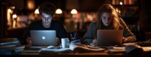 A man and a woman study intently on laptops with textbooks open late at night.
