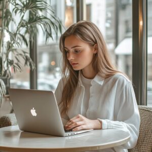 Focused college student using a laptop in a café, working on online coursework.