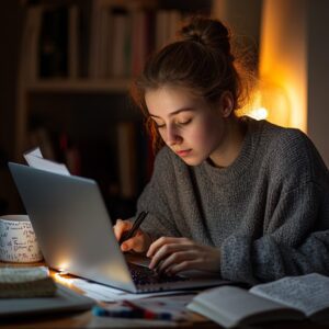 Student in sweater typing notes and studying for psychology class in warm lighting.