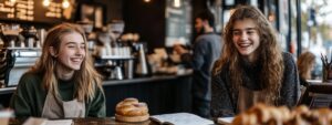 Two female students laughing while sitting at a coffee shop table with notes and pastries.