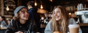 Two college students smiling and relaxing at a café, stress-free