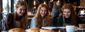 Three college students smiling while reviewing notes together in a cozy café.