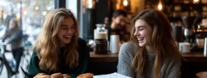 Two happy female students discussing notes at a coffee shop.