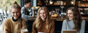 Three college students laughing while studying together at a café